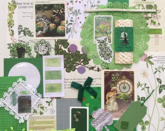 Ephemera Pocket Filled With Fun Bright Pink Green and Vintage Pieces 25 pcs