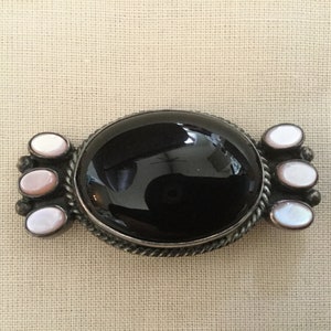 Sterling Silver Onyx and Rose Quartz Brooch