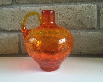 Mid Century Modern Amberina Crackle Orange Handblown Glass Pitcher