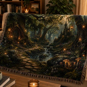 May include: A woven throw blanket featuring a detailed forest scene with a stone path leading to a tree hollow, a small stream, and a distant castle. The landscape is illuminated by glowing lanterns and mushrooms, with fringed edges on all sides.