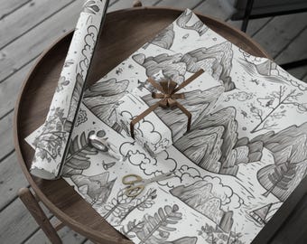 Mountain Forest Doodles Wrapping Papers, Unique Gift Wrap, Christmas Essential Wrapping Paper, Wrapping Paper Roll, Holiday Must Have