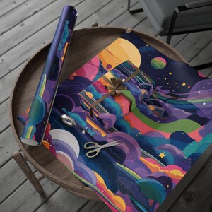 Papiery do pakowania Cosmic Flower Space, Unikalny papier do pakowania prezentów, Niezbędny papier do pakowania na Boże Narodzenie, Rolka papieru do pakowania, Niezbędny świąteczny gadżet
