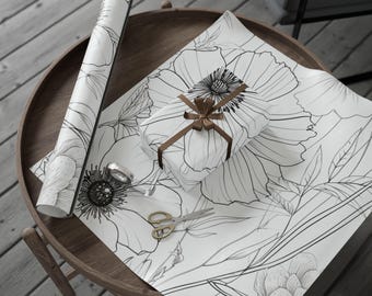 Monoline Bloom Aesthetic Wrapping Papers, Unique Gift Wrap, Christmas Essential Wrapping Paper, Wrapping Paper Roll, Holiday Must Have