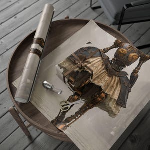 Puede incluir: Una obra de arte de estilo steampunk que presenta una figura mecánica con detalles intrincados. La figura está parcialmente desenvuelta, revelando un diseño complejo con detalles en latón y metal oscuro. Un rollo de papel y tijeras están cerca.