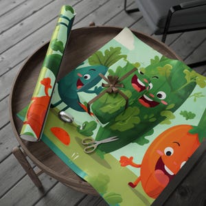 May include: A roll of green wrapping paper with a cartoon carrot design and a sheet of wrapping paper with a cartoon vegetable design. A wrapped gift with a brown ribbon and scissors are on the wrapping paper.