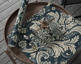 Sierlijk inpakpapier met damast bloemen, unieke cadeauverpakking, essentieel inpakpapier voor kerst, inpakpapierrol, vakantie must-have