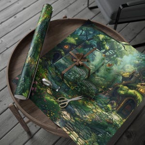 May include: A roll of gift wrap and a wrapped gift with a fantasy forest scene. The gift is tied with a brown ribbon. A pair of scissors and tape are on the wooden table. The gift wrap features a detailed illustration of a whimsical forest.