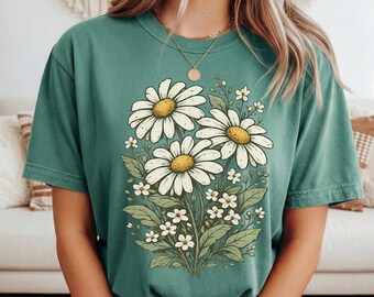 Hand Drawn Florals Shirt - Vintage Daisy Graphic Tee - Soft Washed Cotton, Relaxed Fit, Casual Wear