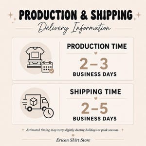 Production & Shipping info card: Production Time 2–3 days; Shipping Time 2–5 days; shirt on sewing machine and delivery truck icons.