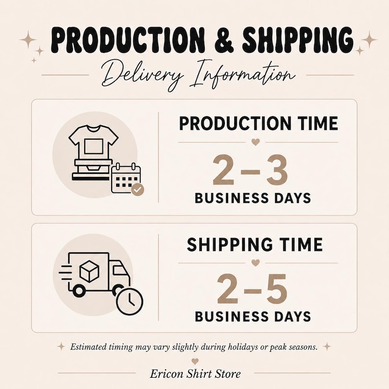 Production & Shipping info card: Production Time 2–3 days; Shipping Time 2–5 days; shirt on sewing machine and delivery truck icons.