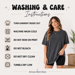Model wearing a dark gray oversized t-shirt beside a wash & care instructions panel with icons.