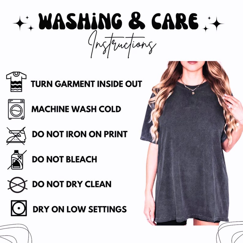 Charcoal relaxed-fit vintage-style tee on a model; garment-dyed cotton with a left panel showing washing & care icons.