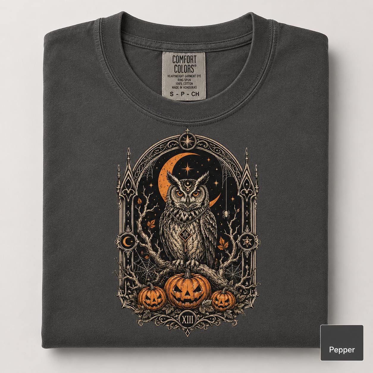 Gothic Owl Halloween Shirt, Celestial Pumpkin Tarot Tee, Witchy Dark Academia Comfort Colors T-Shirt