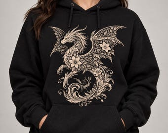 Sudadera con estampado de dragón floral y capucha con gráfico de fantasía botánica.
