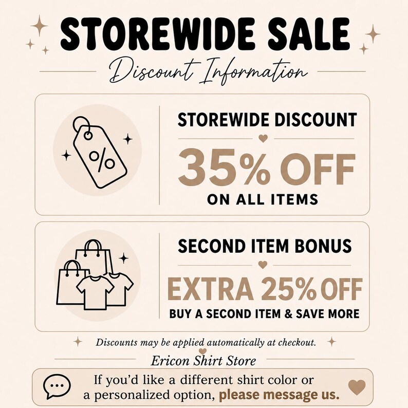 Storewide sale infographic on a beige background showing 35% off all items and extra 25% off the second item, with a tag icon and shopping bags.