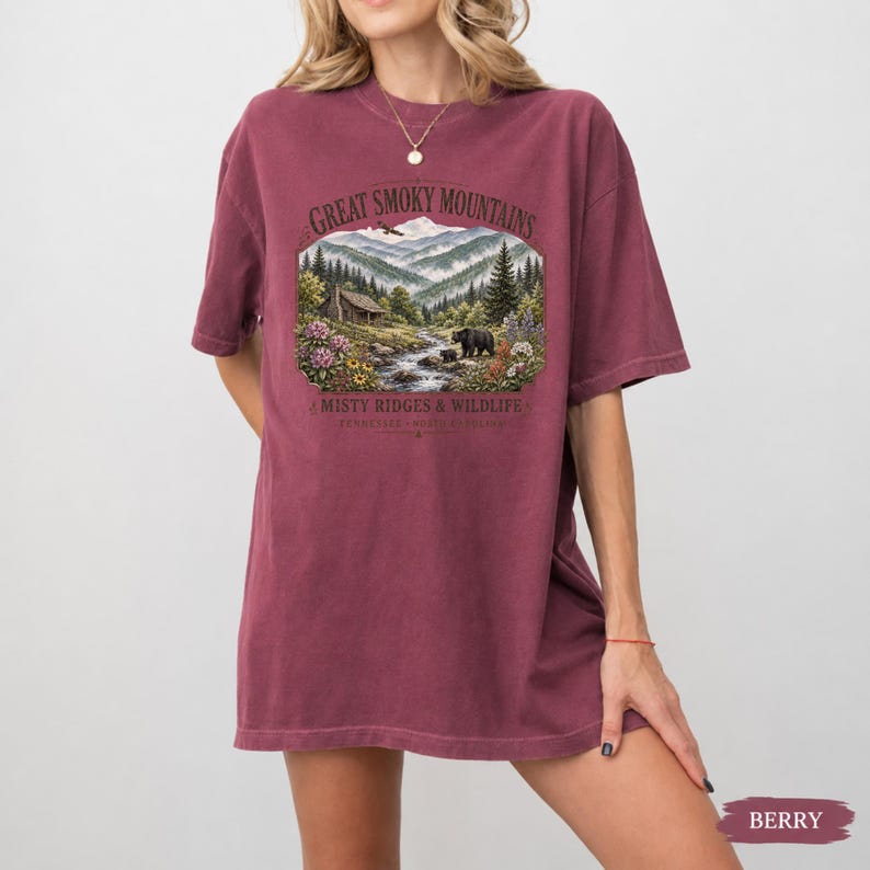 Wilderness graphic tee with bear family and forest mountain stream