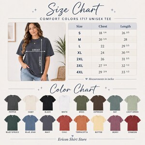 Size and color chart for Comfort Colors 1717 Unisex Tee; model in dark gray shirt, chest and length guide, plus 16 color swatches.