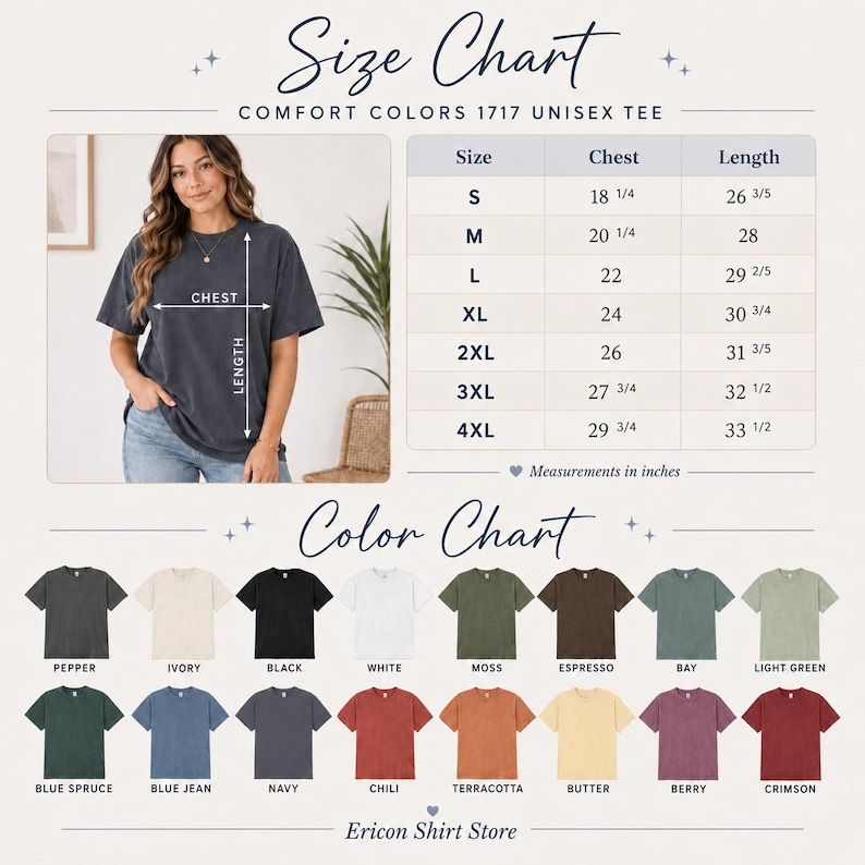 Size and color chart for Comfort Colors 1717 Unisex Tee; model in dark gray shirt, chest and length guide, plus 16 color swatches.