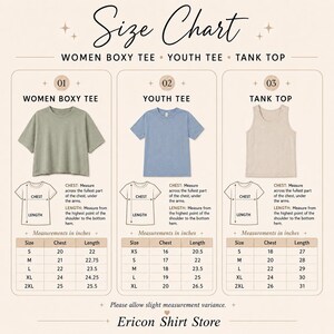 Size chart for Women Boxy Tee, Youth Tee, and Tank Top with chest and length measurements.