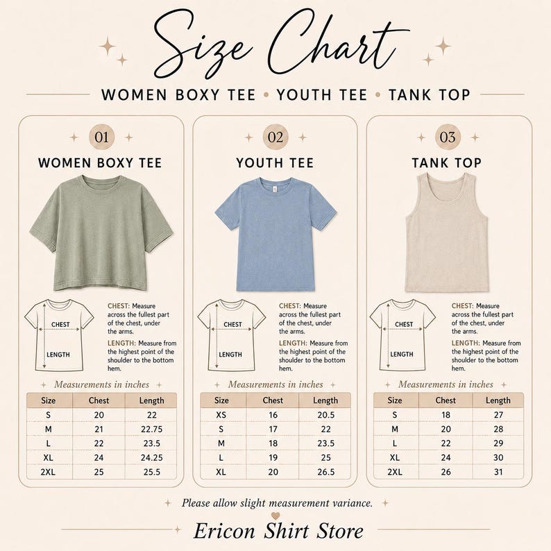 Size chart for Women Boxy Tee, Youth Tee, and Tank Top with chest and length measurements.