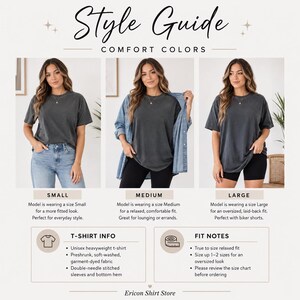 Style Guide: Comfort Colors heather gray unisex heavyweight t-shirts in Small, Medium, Large on three models.