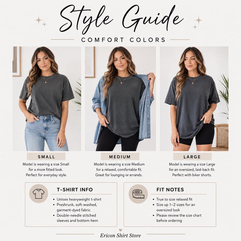 Style Guide: Comfort Colors heather gray unisex heavyweight t-shirts in Small, Medium, Large on three models.