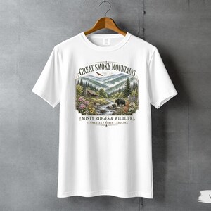 Great Smoky Mountains shirt with scenic mountain landscape and rustic cabin