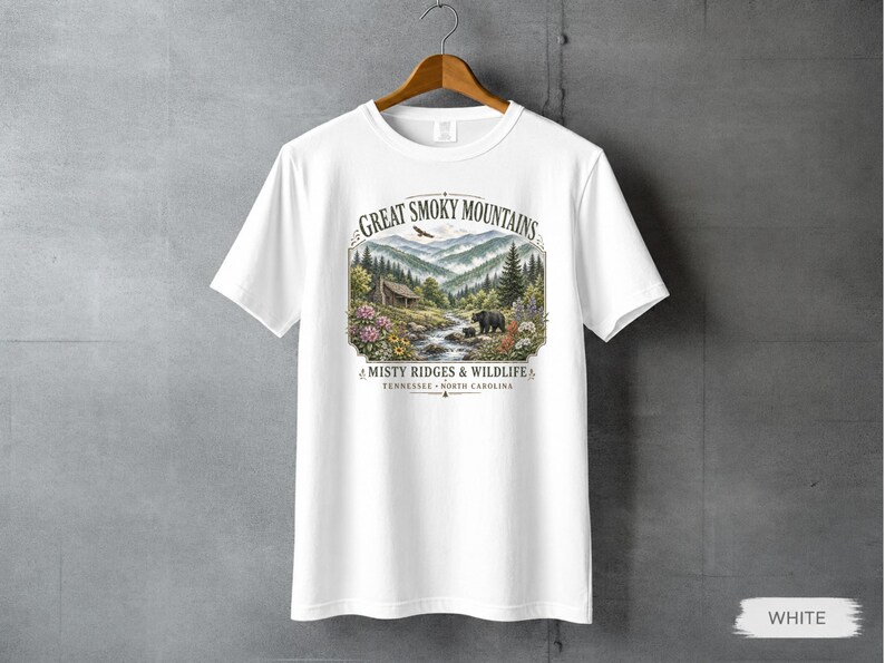 Great Smoky Mountains shirt with scenic mountain landscape and rustic cabin