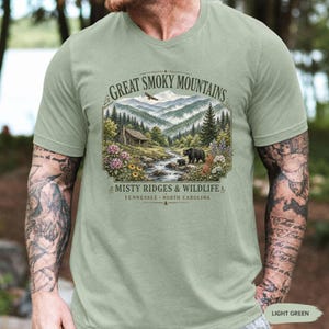 Scenic Tennessee North Carolina shirt with cabin and wildlife artwork