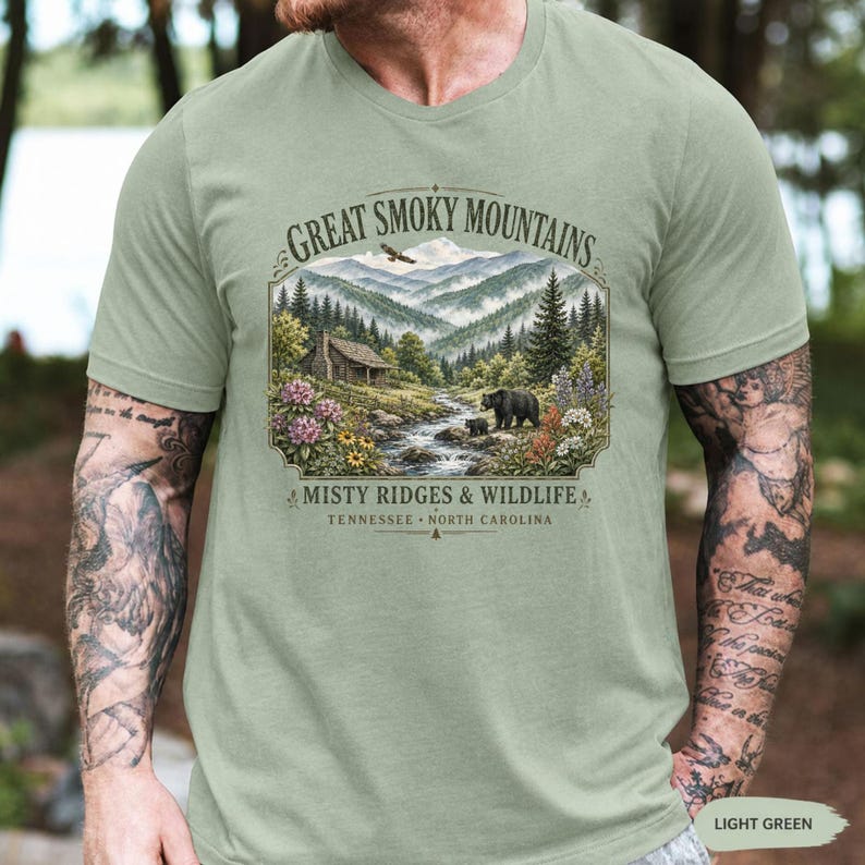 Scenic Tennessee North Carolina shirt with cabin and wildlife artwork