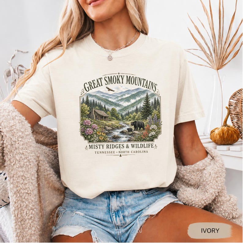 Rustic outdoor shirt with Smoky Mountains cabin and scenic valley design