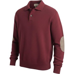 May include: A long-sleeve maroon knit polo shirt featuring a classic collar, a three-button placket with dark buttons, and contrasting light tan elbow patches on each sleeve. The garment has ribbed cuffs and a ribbed hem for a structured fit.