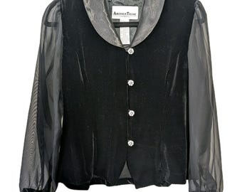 Vintage Sm Svart Sammetsblus i Transparent Tweed Dam Whimsigoth Another Thyme Y2K