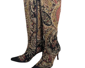 10 M Vtg Costa Blanca Womens Paisley Tapestry Brocade Pointed Toe Stiletto Boots