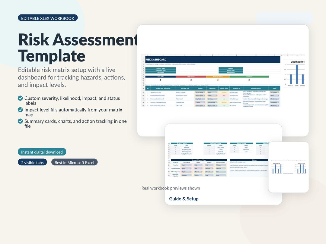 Risk Assessment Excel Template, Safety Dashboard, Risk Matrix (digital ...