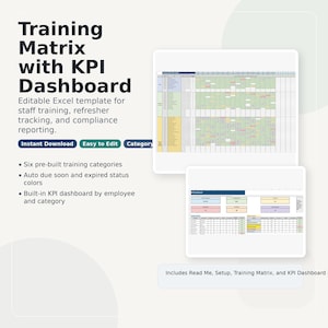 Puede incluir: Documento digital titulado "Training Matrix with KPI Dashboard". Es una plantilla de Excel editable para la formación del personal, el seguimiento de la actualización y la presentación de informes de cumplimiento. La imagen incluye una hoja de cálculo con celdas codificadas por colores y una vista de panel más pequeña.
