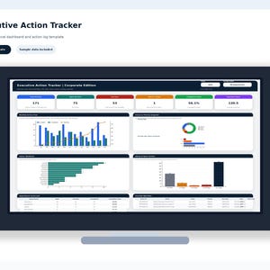 May include: A computer monitor displaying an "Executive Action Tracker" dashboard. The screen shows various charts and graphs, including bar graphs and pie charts, with data visualizations. The top of the screen has the text "Executive Action Tracker | Corporate Edition".