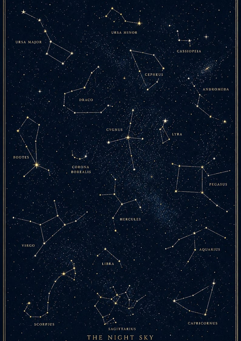 Night Sky Constellation Map Print: Dark Navy Gold Astronomy Wall Art ...
