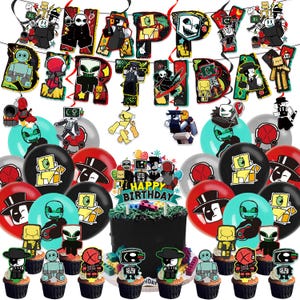 May include: A birthday party set-up with a black cake, cupcakes, balloons, and a banner reading "HAPPY BIRTHDAY." The decorations feature robot-like characters in various colours. The balloons are red, black, silver, and teal.