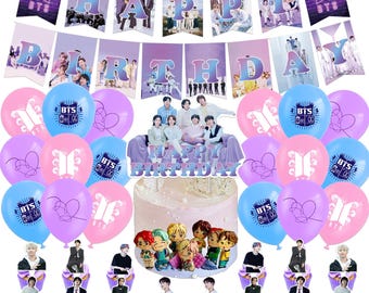 BTS Geburtstagsparty Dekor Thema Kuchen & Cupcake Toppers, Geburtstagsbanner, Ballon
