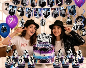 May include: A birthday party decoration set featuring Michael Jackson imagery, including a Happy Birthday banner, purple and blue balloons, cupcake toppers with various dance poses, and a large cake topper with the text Happy Birthday.
