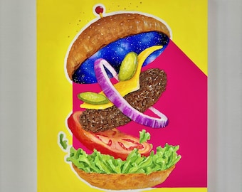 Arte de hamburguesa OVNI sobre panel de madera, pintura acrílica texturizada en 3D, 8,7 x 10,7 pulgadas.