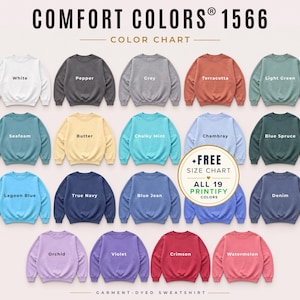 May include: A Comfort Colors 1566 color chart displaying 19 crewneck sweatshirts in various shades including white, pepper, grey, terracotta, light green, seafoam, butter, chalky mint, chambray, blue spruce, lagoon blue, true navy, blue jean, denim, orchid, violet, crimson, and watermelon.