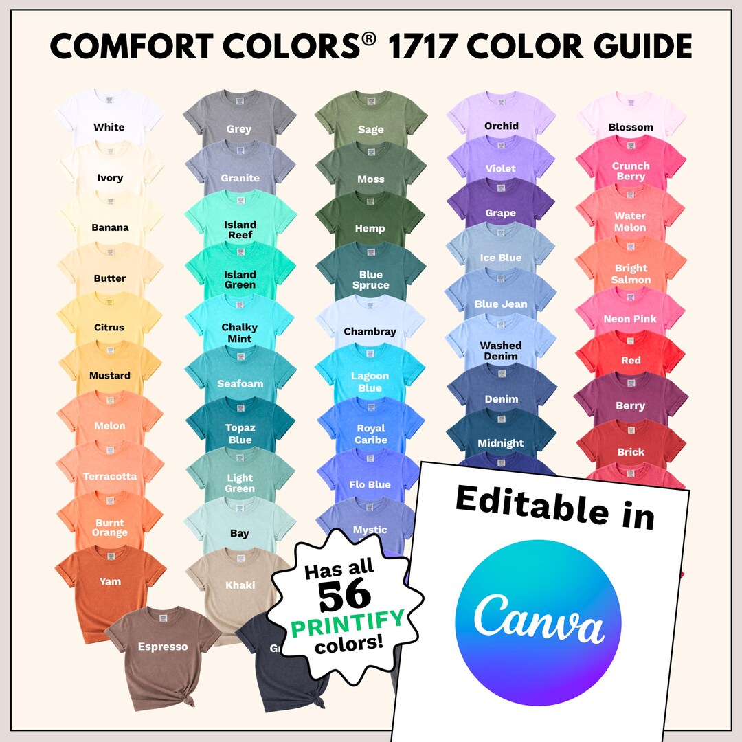 Comfort Colors 1717 Color Chart, Editable Canva Color Chart, C1717 ...