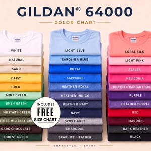 May include: A Gildan 64000 Softstyle t-shirt color chart displaying three vertical stacks of folded shirts in various colors. Each shirt is labeled with its specific color name, including white, blue, green, pink, red, and grey shades.