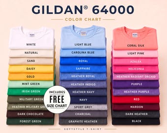 May include: A Gildan 64000 Softstyle t-shirt color chart displaying three vertical stacks of folded shirts in various colors. Each shirt is labeled with its specific color name, including white, blue, green, pink, red, and grey shades.