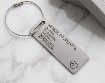 Custom Medical Alert Tag for Kids, Personalized Emergency ID Keychain, Allergy Alert Bag Tag, Stainless Steel Medical ID, Ice Contact Info