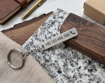Custom Metal Phone Number Tag - Emergency Contact Keychain - Personalized Stainless Steel ID Label - Lost and Found Keyring