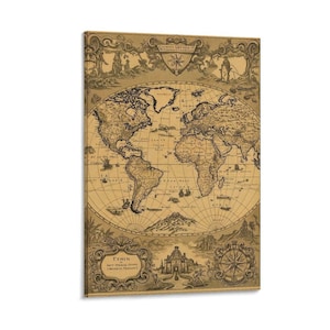 May include: A vintage-style world map print on canvas. The map features detailed illustrations of continents, oceans, and decorative elements. The color palette is primarily sepia tones, giving it an antique appearance. The print includes text and a compass rose.