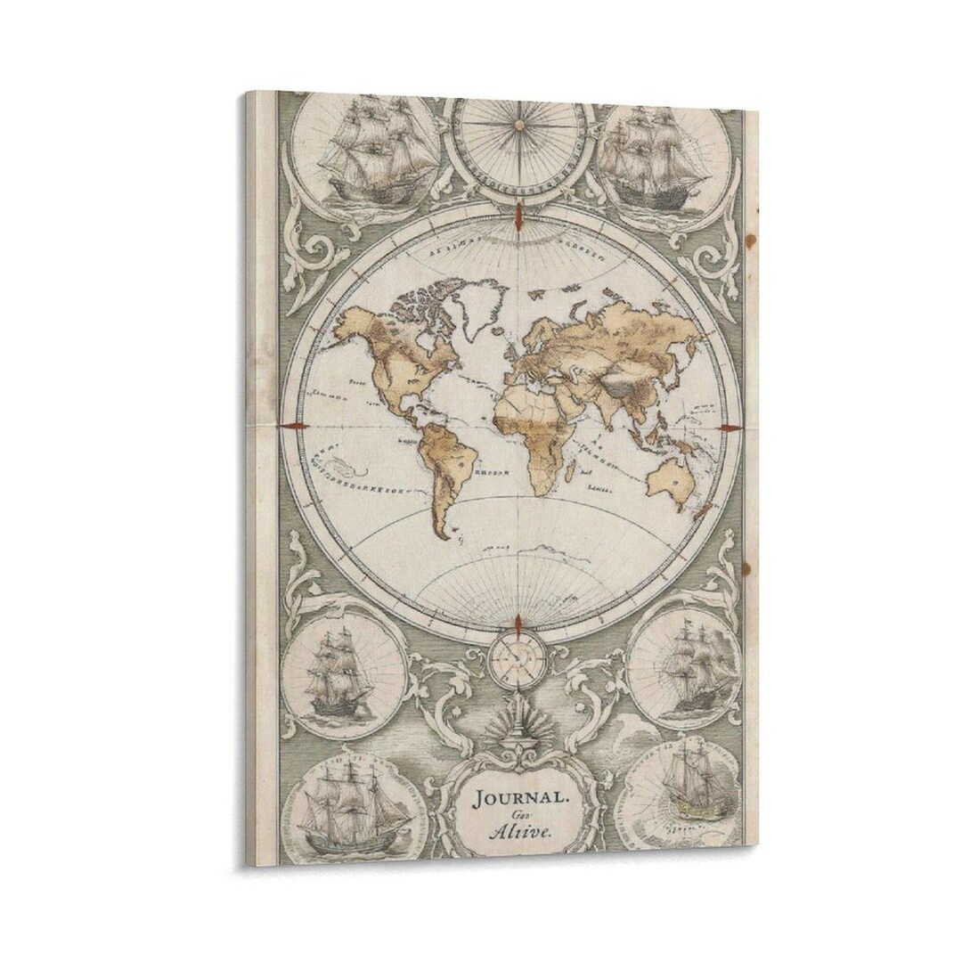 Vintage World Map Antique Nautical Chart With Compass and Sailing Ships ...